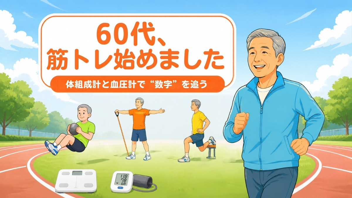 60代、筋トレ始めました｜体組成計と血圧計で数字を追う（ジョギング・メディシンボール・チューブ・ブルガリアンスクワットのイラスト）